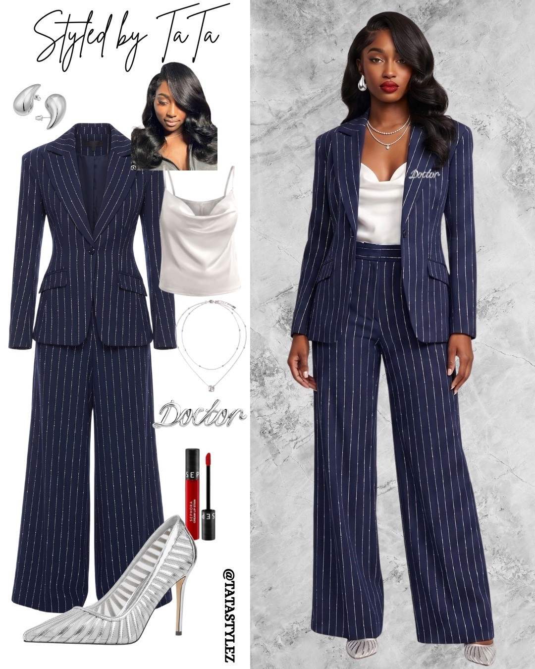 She leads with success and looks good while doing it! This navy blue pants suit is embellished with rhinestones to elevate your professional look. The suit can be found on fashionnova 🔎Adyson Embellished Pinstripe Blazer & Wide Leg Pants

#LTKWorkwear #LTKootd #LTKOver40