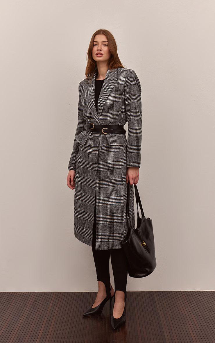 Black Checked Single Breasted Seam Wool Maxi Coat | Outerwear | PrettyLittleThing US