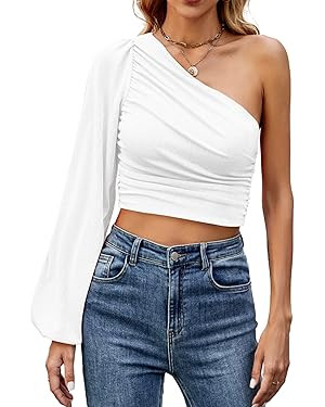 LYANER Women's Ruched One Shoulder Lantern Long Sleeve Crop Blouse Shirt Top | Amazon (US)