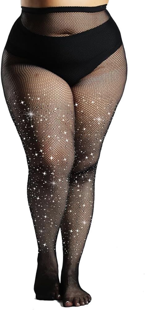 MERYLURE Plus Size Rhinestone Fishnet Stockings,Sparkly Tights for Women Glitter Party Pantyhose ... | Amazon (US)