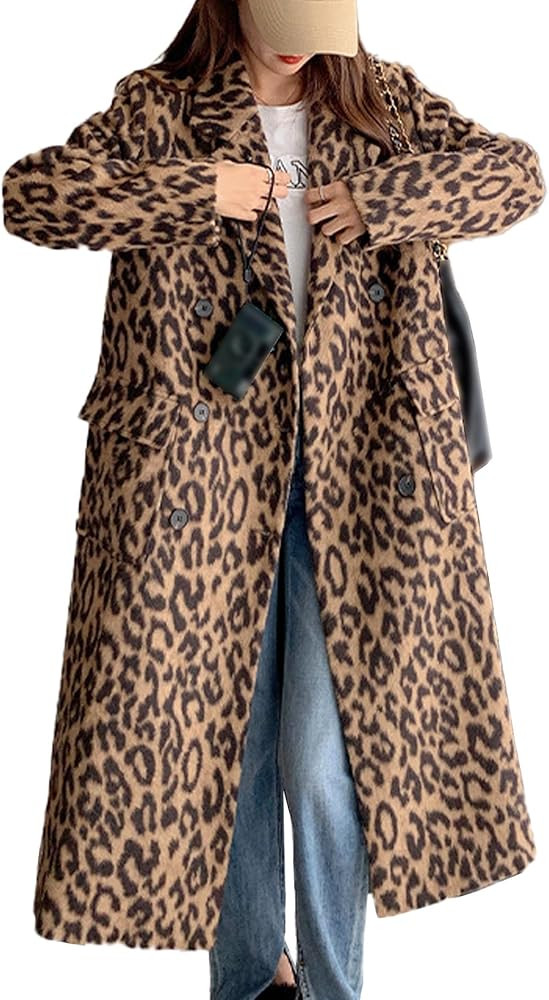 Sexyshine Women's Leopard Print Long Trench Coat Notched Lapel Double Breasted Pea Coat Wool Over... | Amazon (US)