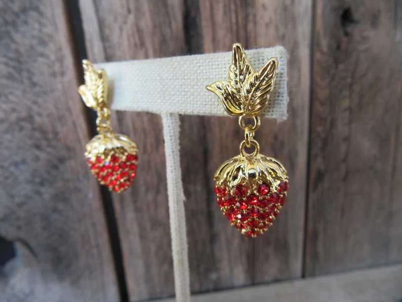 90s Gold Tone Earrings | Bejeweled Strawberry Dangle Earrings | Red Rhinestone Berry Earrings | Etsy (US)