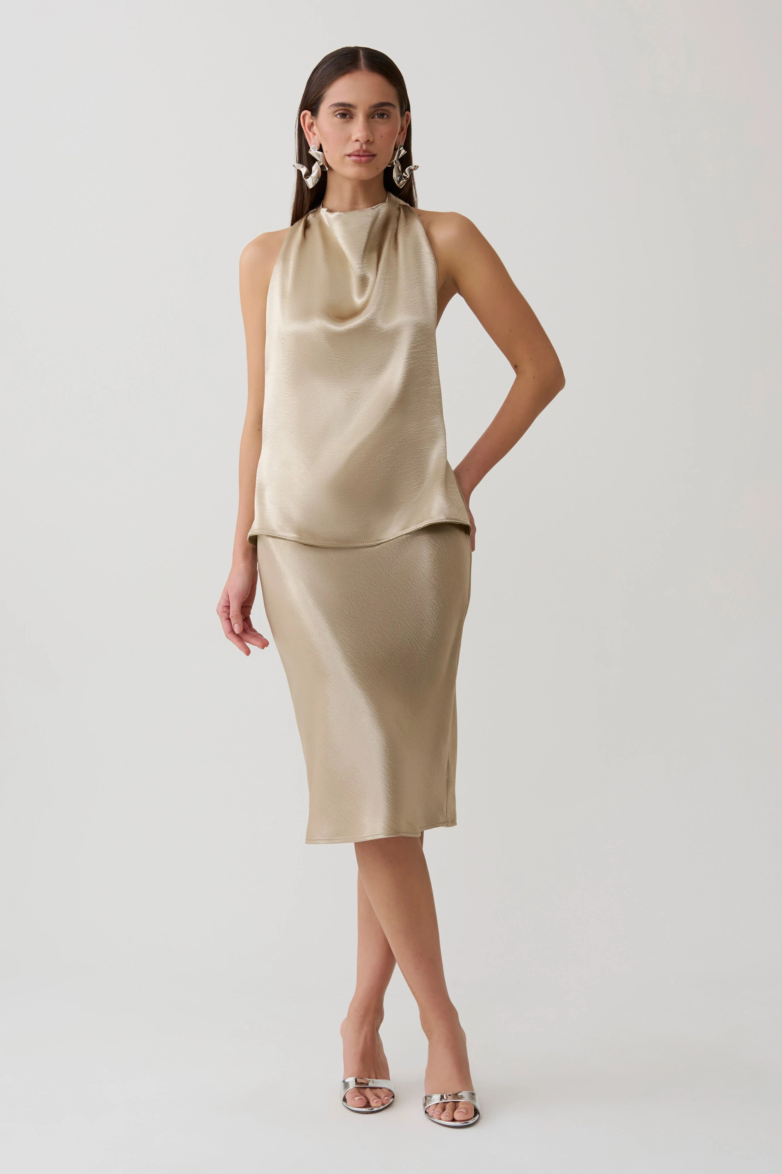 Cleo Satin Midi Skirt - Gold | MESHKI US