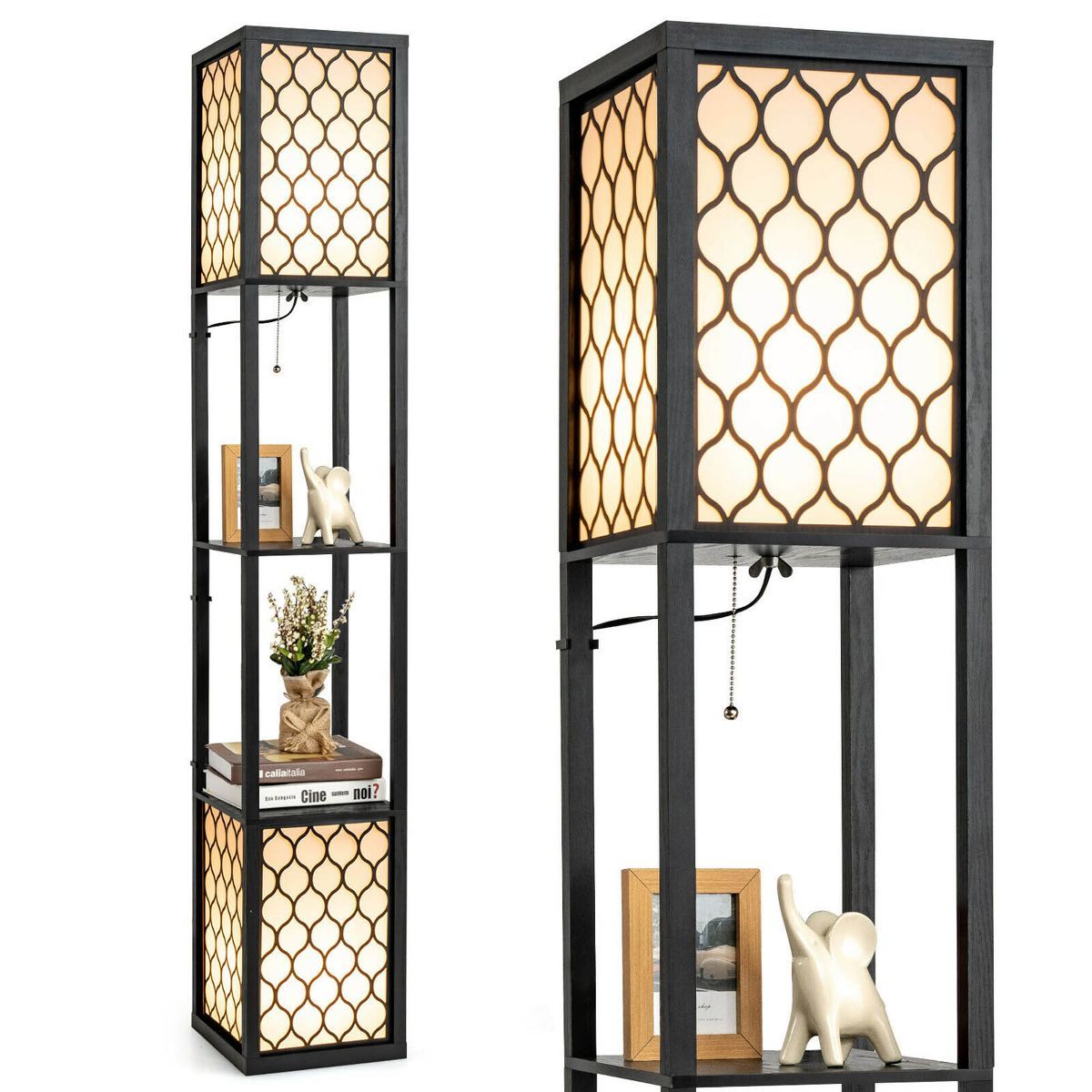 Tangkula Modern Shelf Floor Lamp, Freestanding Double Lamp w/ 2-Tier Wood Shelf & White Lampshade... | Target