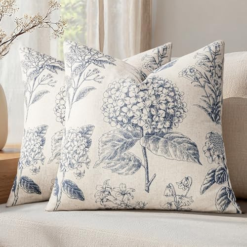 Set of 2 Decorative Floral Neutral Pillow Covers 18x18 Inch Light Blue Hydrangea Print Spring Boh... | Amazon (US)