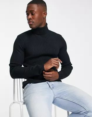 ASOS DESIGN muscle fit ribbed roll neck sweater in navy | ASOS (Global)