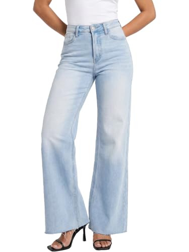 BlueMoment High Waisted Wide Leg Jeans for Women Stretchy Tummy Control Loose Denim Pants Trendy Plus Size Mom Baggy Jeans Raw Hem B-Light Blue | Amazon (US)