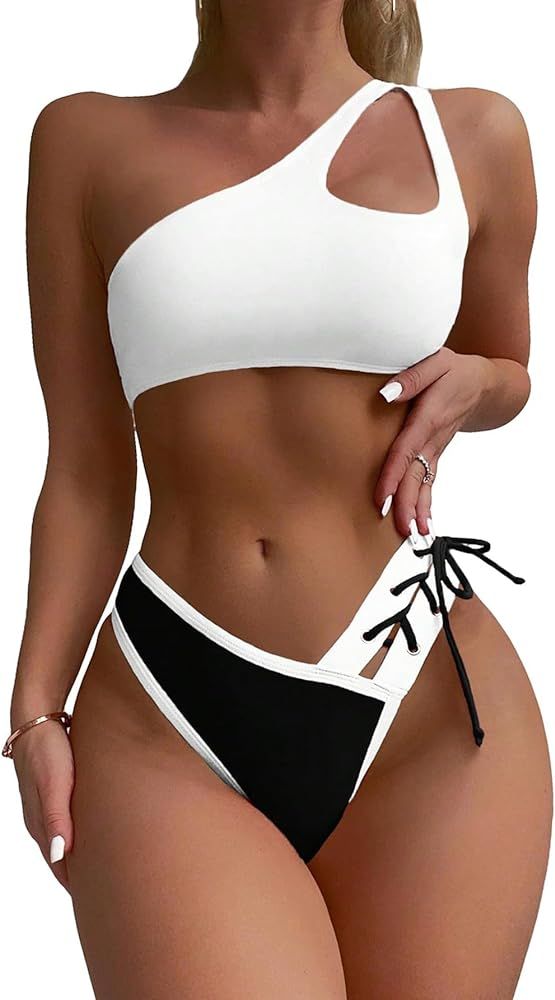 SherryDC Women's Cheeky Cutout One Shoulder Bikini Color Block V Cut High Leg Two Pieces Swimsuit | Amazon (US)