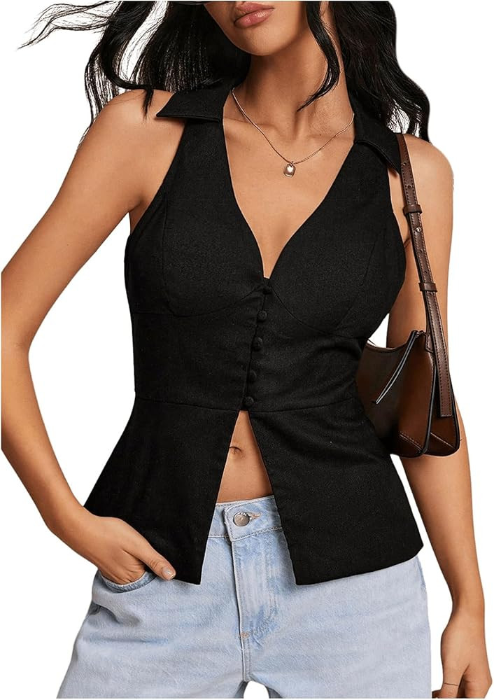 Floerns Women's Sleeveless Collar Neck Button Front Slit Back Vest Blouse Top | Amazon (US)