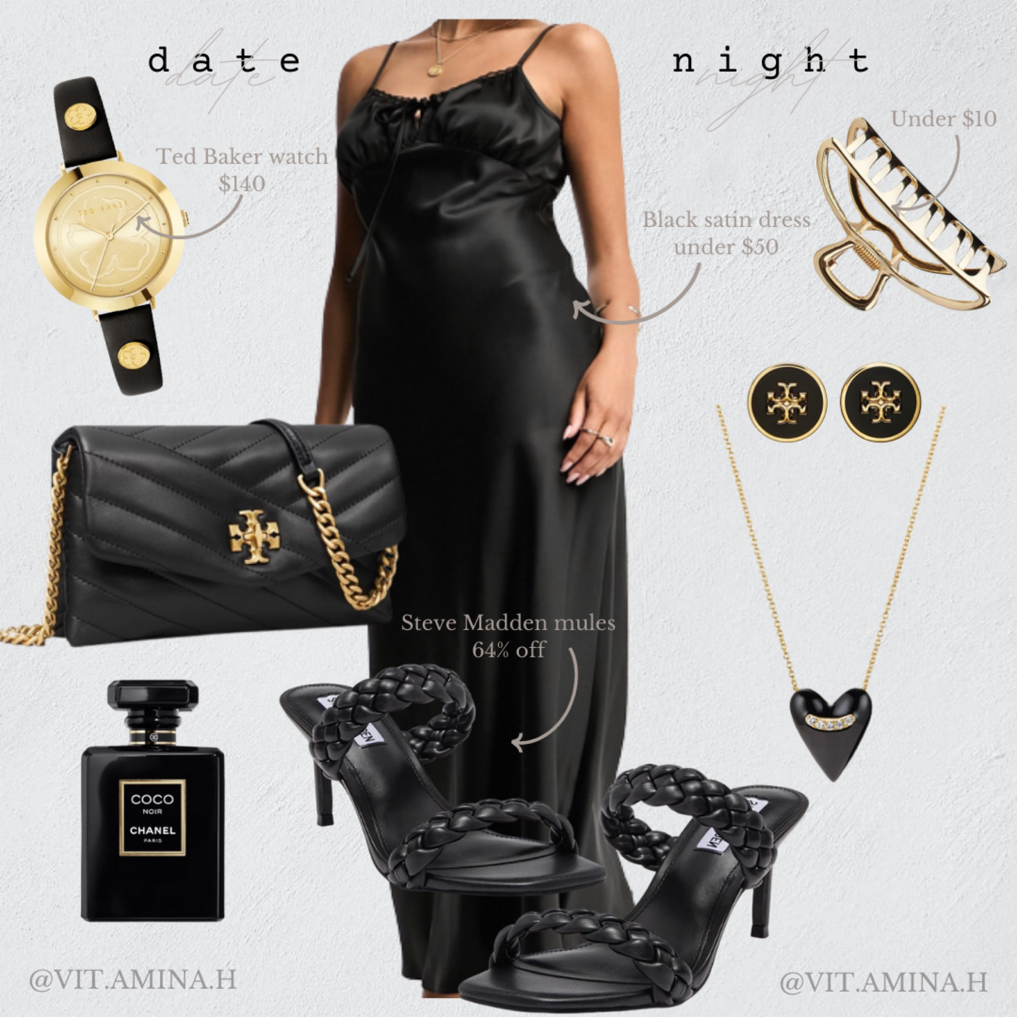 This all black monochrome outfit is perfect for date night. This satin dress pairs perfectly with these Steve Madden mules. Follow me @vit.amina.h for more outfit inspo collages. 🖤✨

#LTKFind #LTKSale #LTKstyletip
