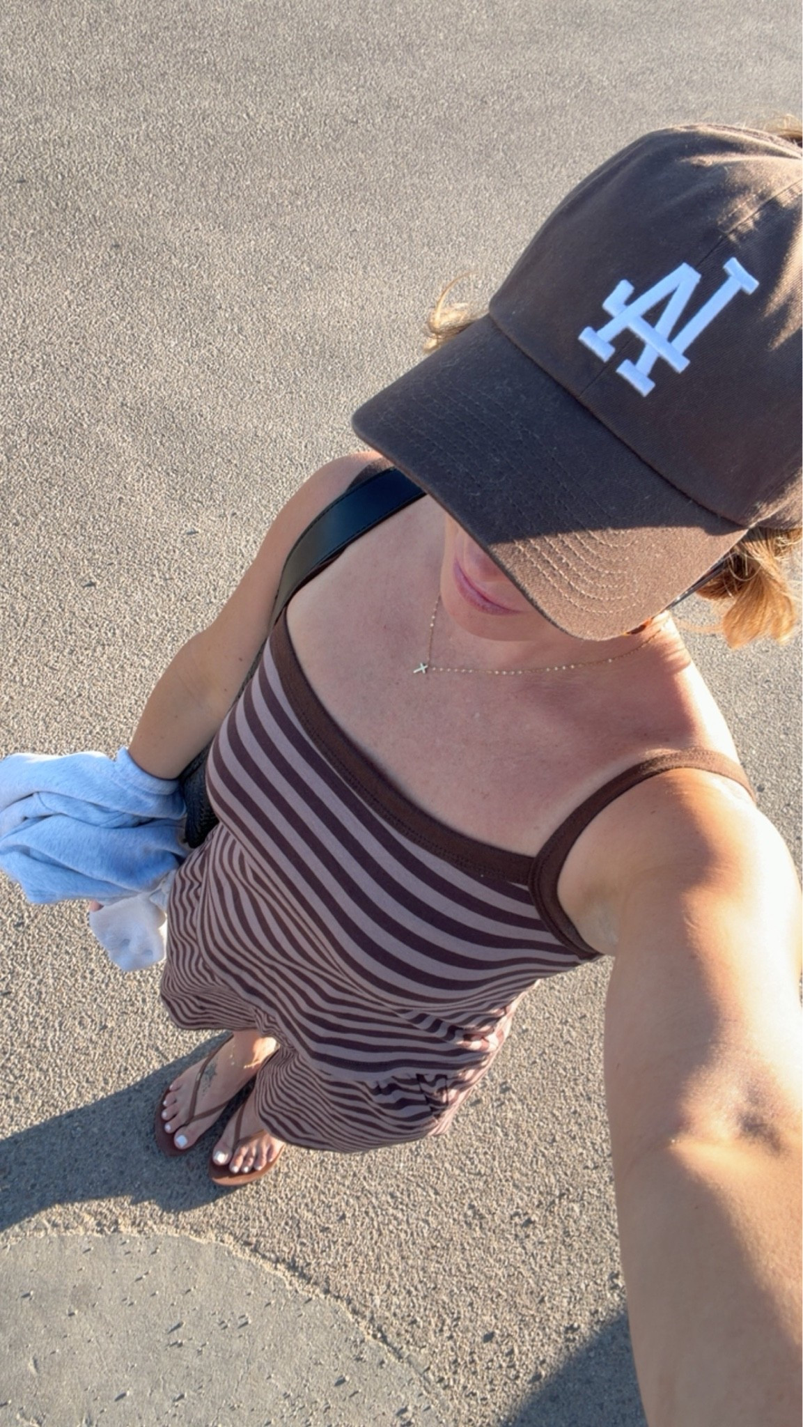 Casual fit! Wearing size small 

baseball cap, striped lounge set, travel outfits, britt horton 

 #LTKootd
