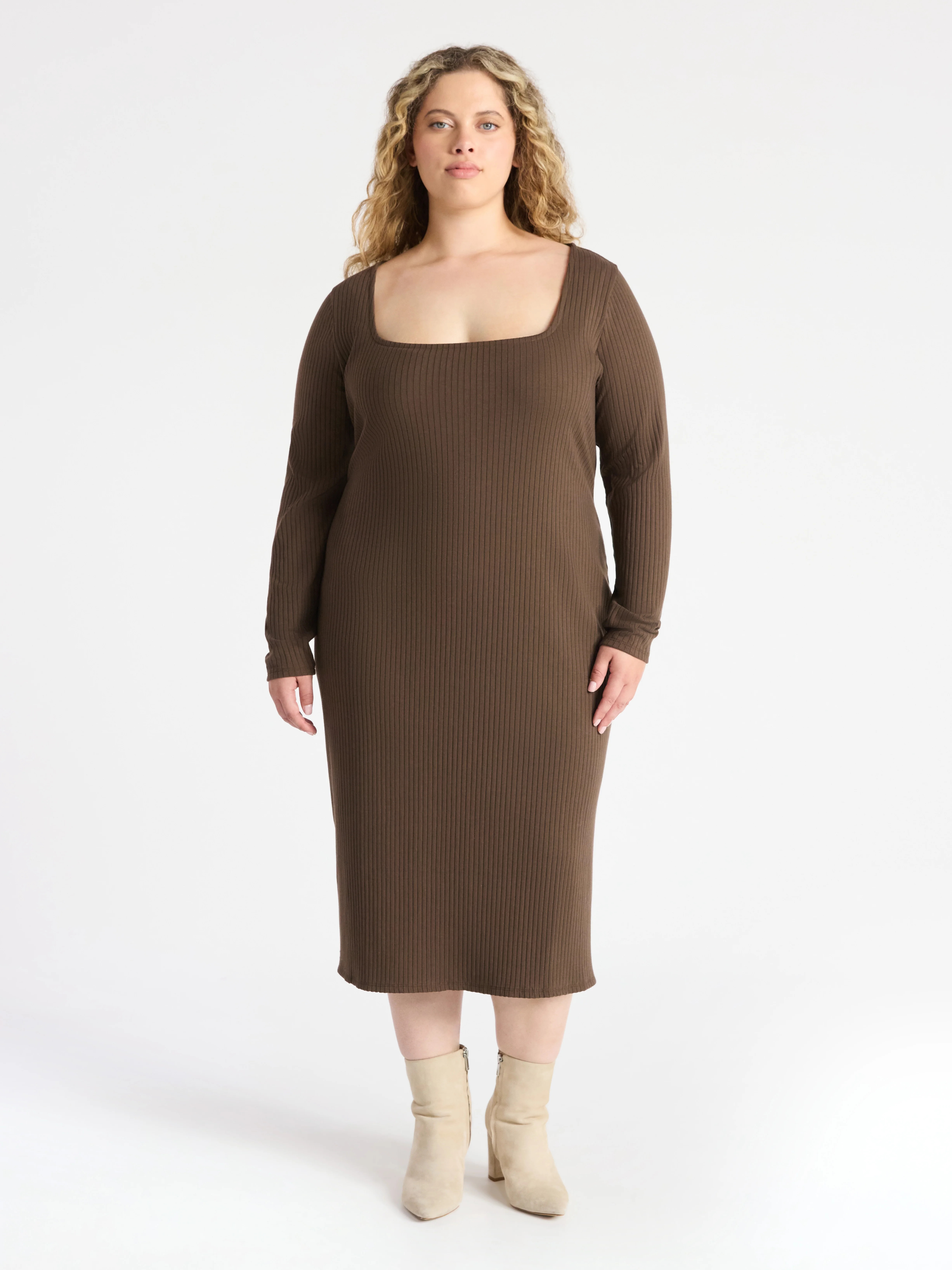 Terra & Sky Women’s Plus Ribbed Knit Midi Dress with Long Sleeves, Sizes 0X-4X | Walmart (US)