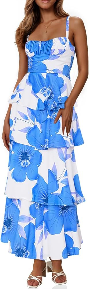 Fisoew Womens Floral Maxi Dresses Spaghetti Strap Casual Sleeveless Ruffle Flowy Tiered Dress | Amazon (US)