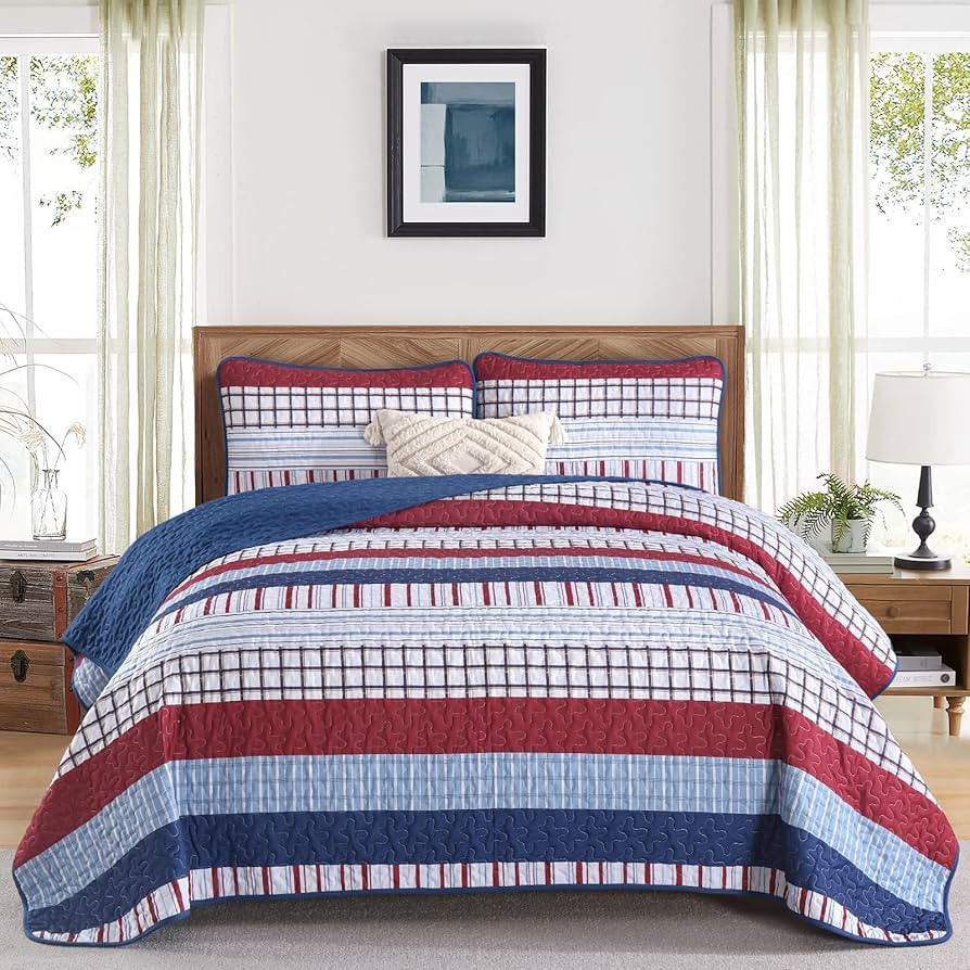 DJY Striped Quilt Set King Size, Red Blue Boho Striped Bedspread Coverlet Set 3 Pieces Lightweigh... | Amazon (US)