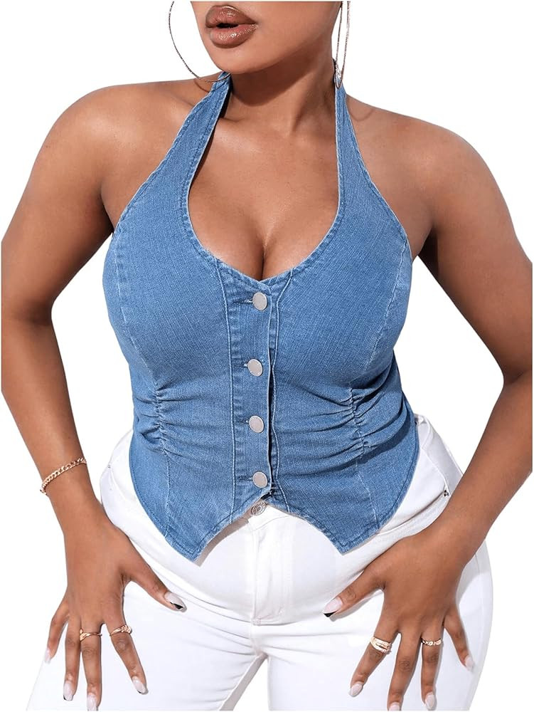 OYOANGLE Women's Plus Size Button Front Halter Denim Vest Tops Sleeveless Slit Hem Ruched Jean Ta... | Amazon (US)