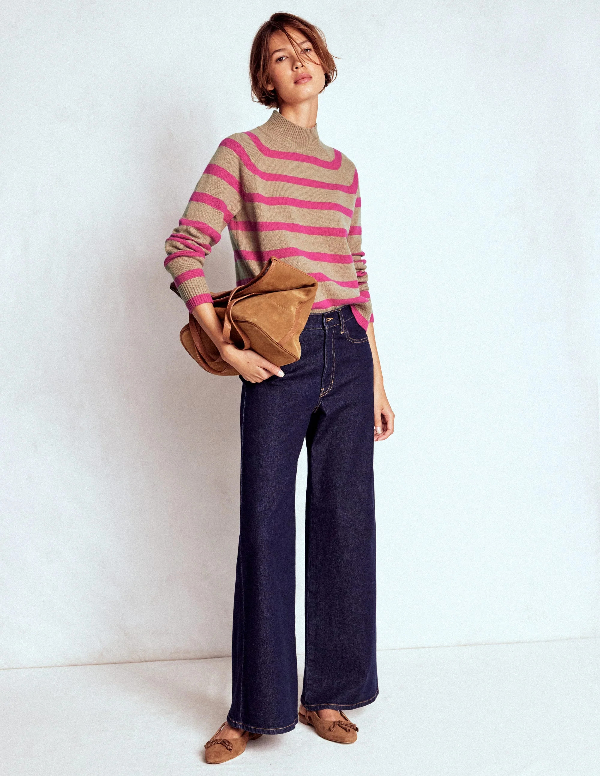 Marion Merino Rib Neck Sweater-Camel, Brilliant Pink Stripe | Boden (US)