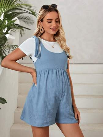 SHEIN Maternity Solid Knot Shoulder Romper Without Tee | SHEIN
