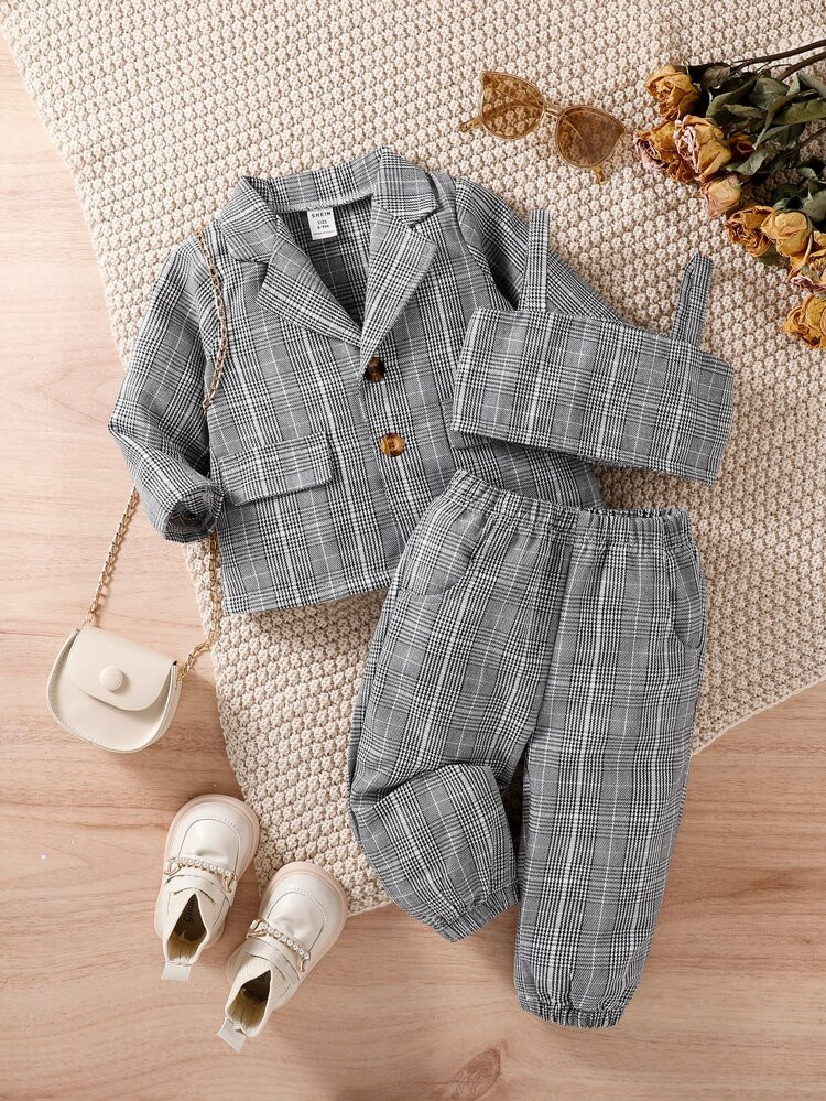 Baby Glen Plaid Blazer & Cami Top & Pants | SHEIN