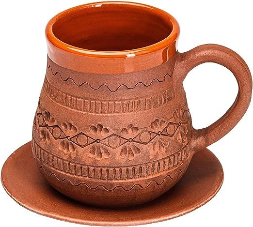 Handmade Clay Coffee Mugs Diner Potbelly Coffee Mug Earthenware & Saucer 10oz(300ml) - Nordic Cof... | Amazon (US)