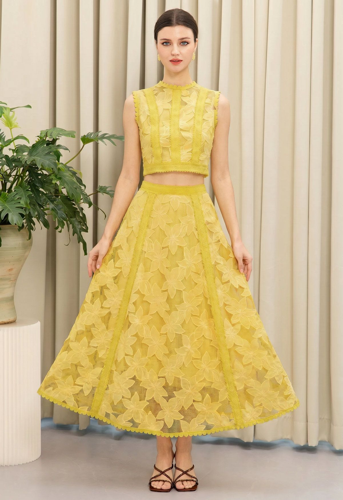 Serene Floral Grid Lace Sleeveless Top and Maxi Skirt Set in Yellow for Outdoor Weddings & Vacati... | Chicwish