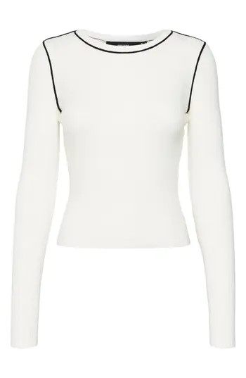 VERO MODA Kara Contrast Piping Long Sleeve Top in Birch Detail W Blac at Nordstrom Rack, Size X-L... | Nordstrom Rack