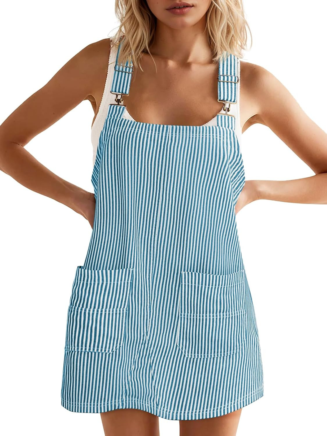 Womens Casual Denim Dress Striped Overalls Romper Jean Dress | Amazon (US)