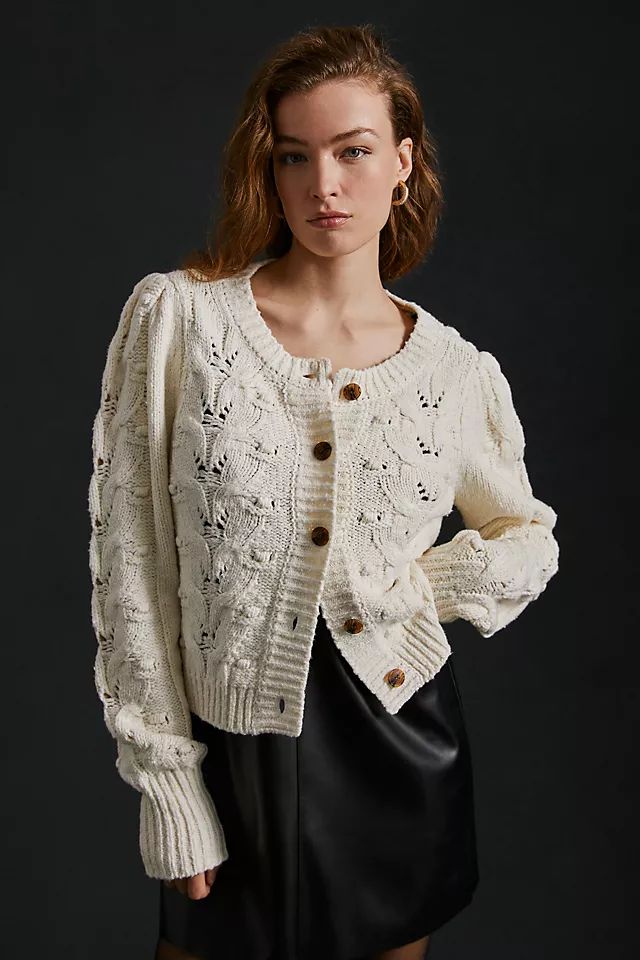 Maeve Cable-Knit Puff-Sleeve Cardigan Sweater | Anthropologie (US)