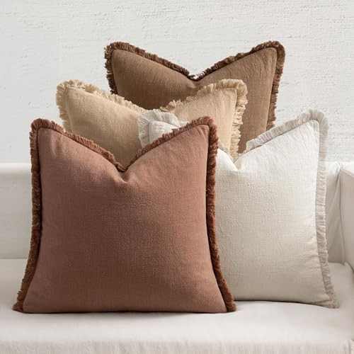 MIULEE Decorative Couch Pillow Covers Neutral Linen Fringe Throw Pillows Set of 4 Accent Rustic Cushions Boho Farmhouse Pillowcases for Bed Sofa Living Room Spring Home Decor 18x18 Inch Beige/Brown | Amazon (US)
