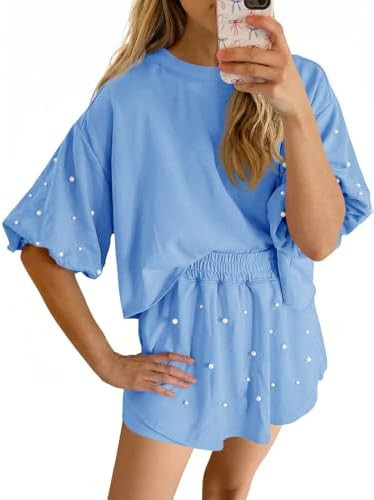 Fisoew Womens Summer Lounge Shorts Sets 2 Piece Outfits Decor Pearl Short Puff Sleeve Sweatshirt ... | Amazon (US)