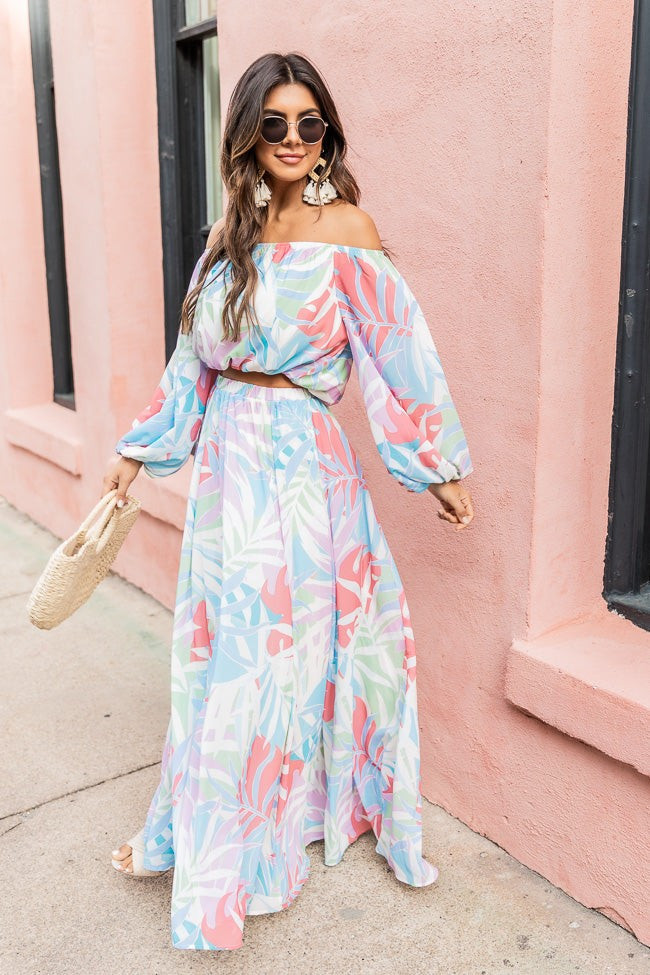 Simple Sign Blue Tropical Off The Shoulder Crop Top | Pink Lily