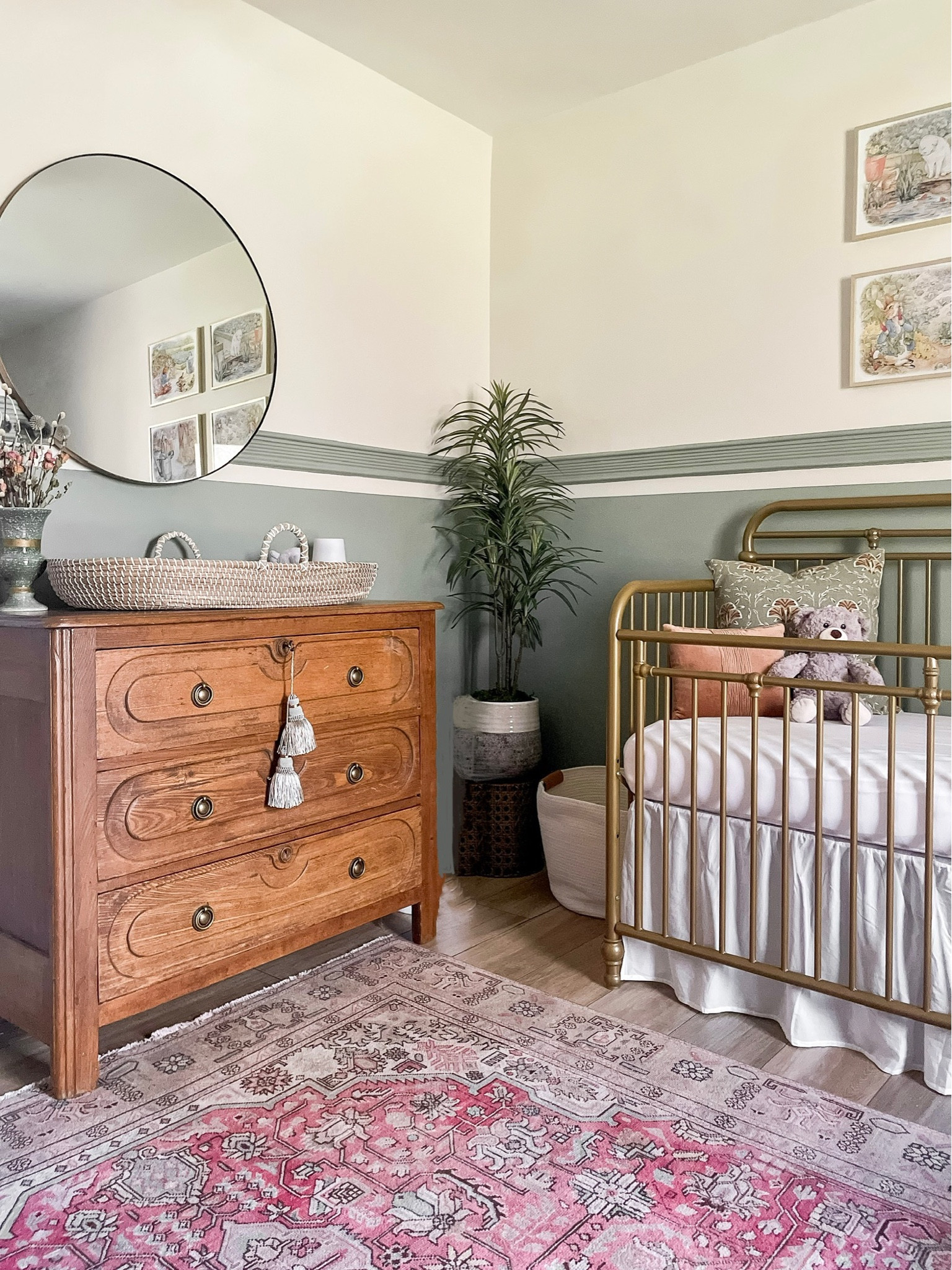 Gender neutral nursery 
Gold vintage inspired crib
Crib sheets and skirt
Vintage dresser key & tassel
Round mirror
Woven Moses changing basket table


#LTKunder50 #LTKhome #LTKbaby