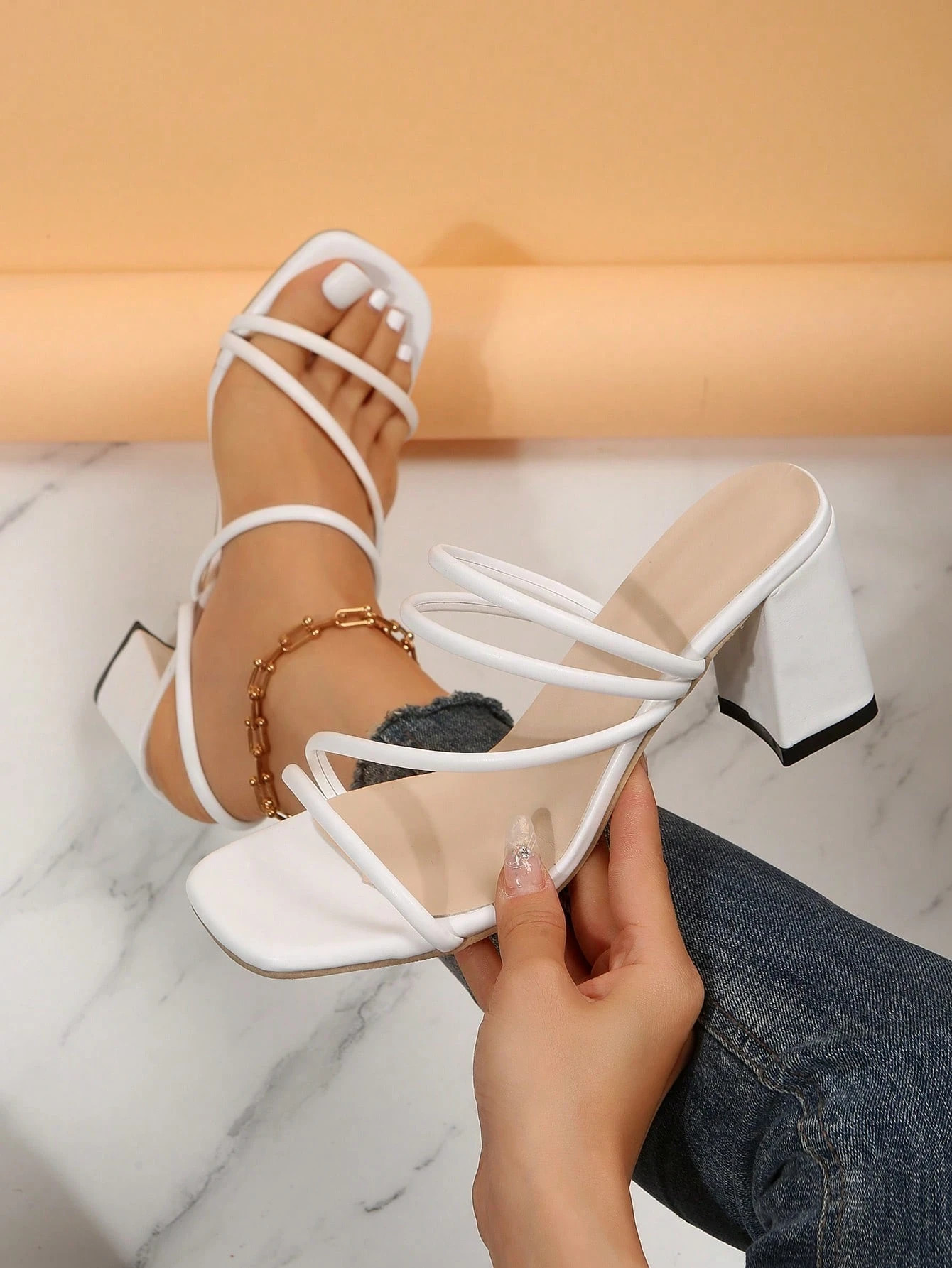 Women Thin Strap Chunky Heeled Mule Sandals, Elegant Summer Heeled Sandals | SHEIN