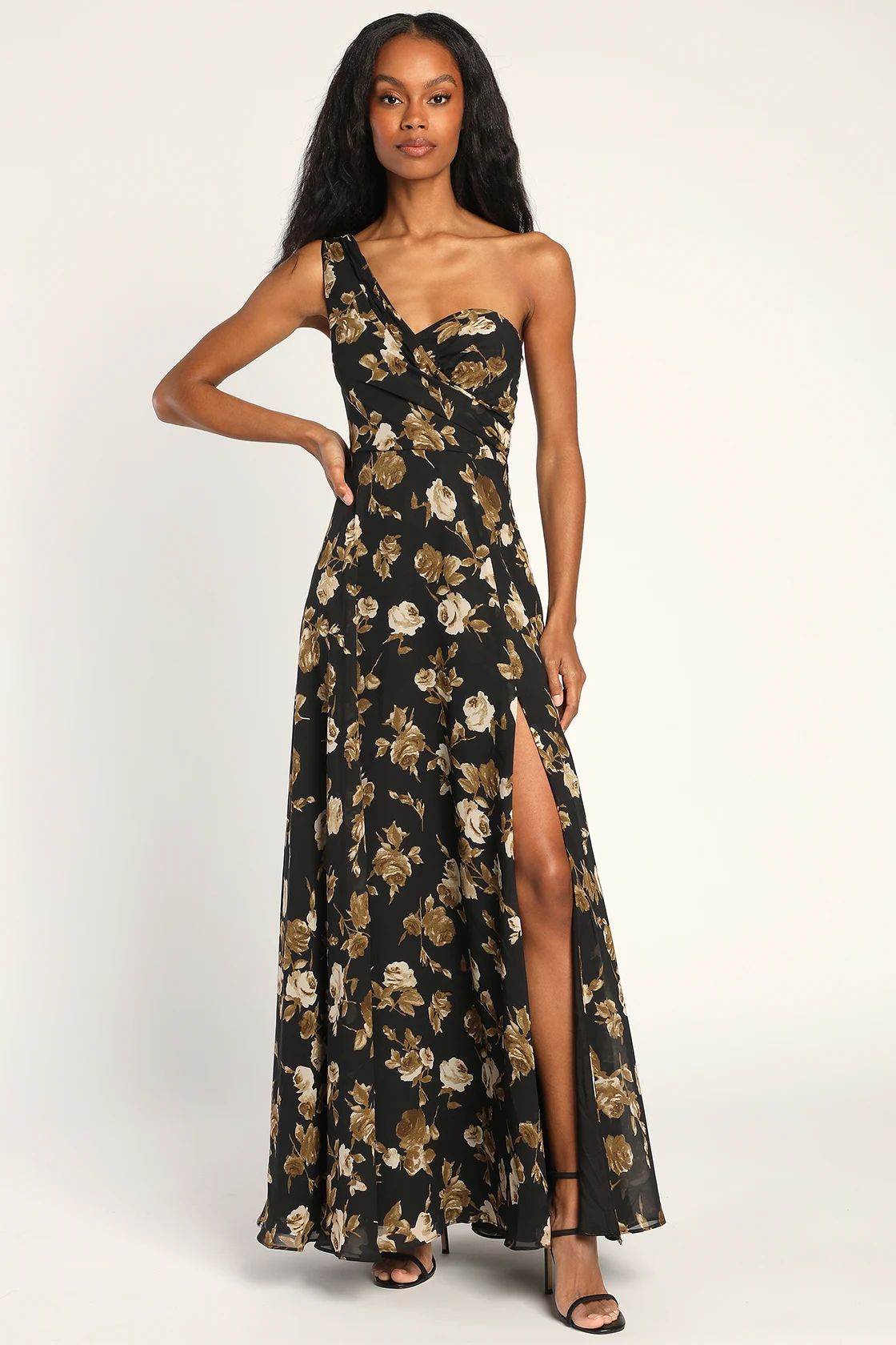 Fashionably Refined Black Floral Print One-Shoulder Maxi Dress | Lulus (US)