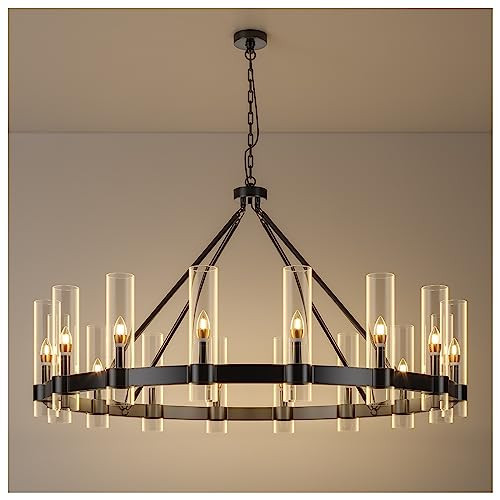 48 Inch Black Wagon Wheel Chandelier with Glass Shade, 16 Lights, Modern Farmhouse Style, Ideal f... | Amazon (US)