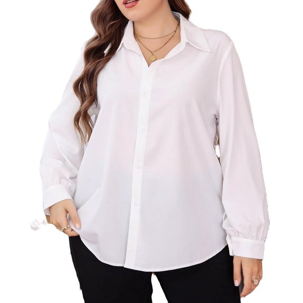 White Casual Plain Collar Shirt Long Sleeve Women's Plus Size Blouses | Walmart (US)