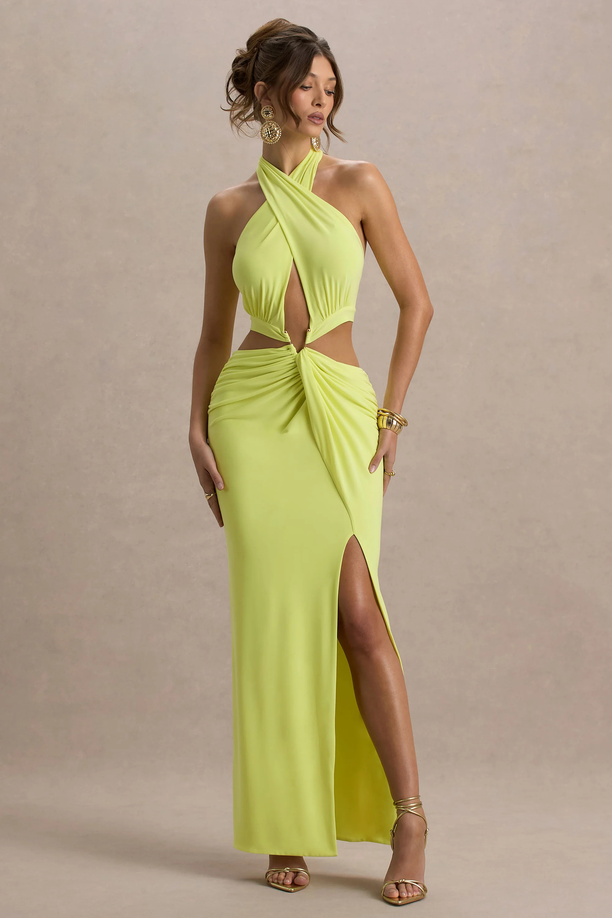 Aura | Lime Green Halter-Neck Cut-Out Split Maxi Dress | Club L London