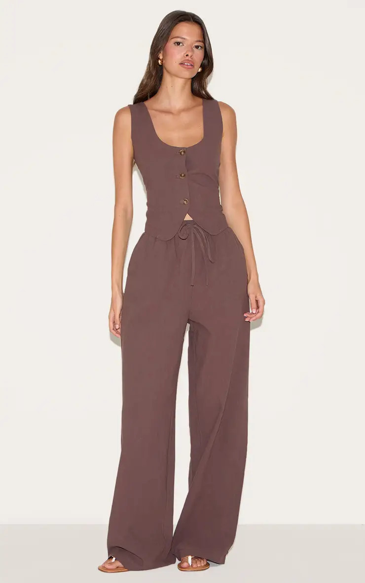 Dark Brown Linen Look Tailored Draw String Wide Leg Trouser | PrettyLittleThing US