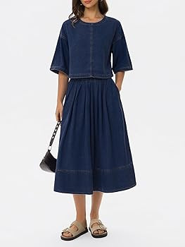 Kedera Womens 2 Piece Skirt Sets Summer Short Sleeve Denim Shirt Tops and Midi Skirts Dress Trave... | Amazon (US)