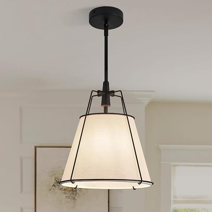 Modern Pendant Light Fixtures with 12" White Linen Fabric Shade, Adjustable Hanging Light Fixture... | Amazon (US)