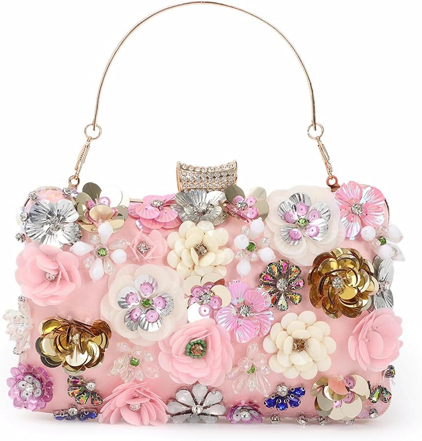 Fecialy Women's Floral Evening Handbags Colorful Rhinestone Clutch Purses Floral Bride Wedding Ha... | Amazon (US)