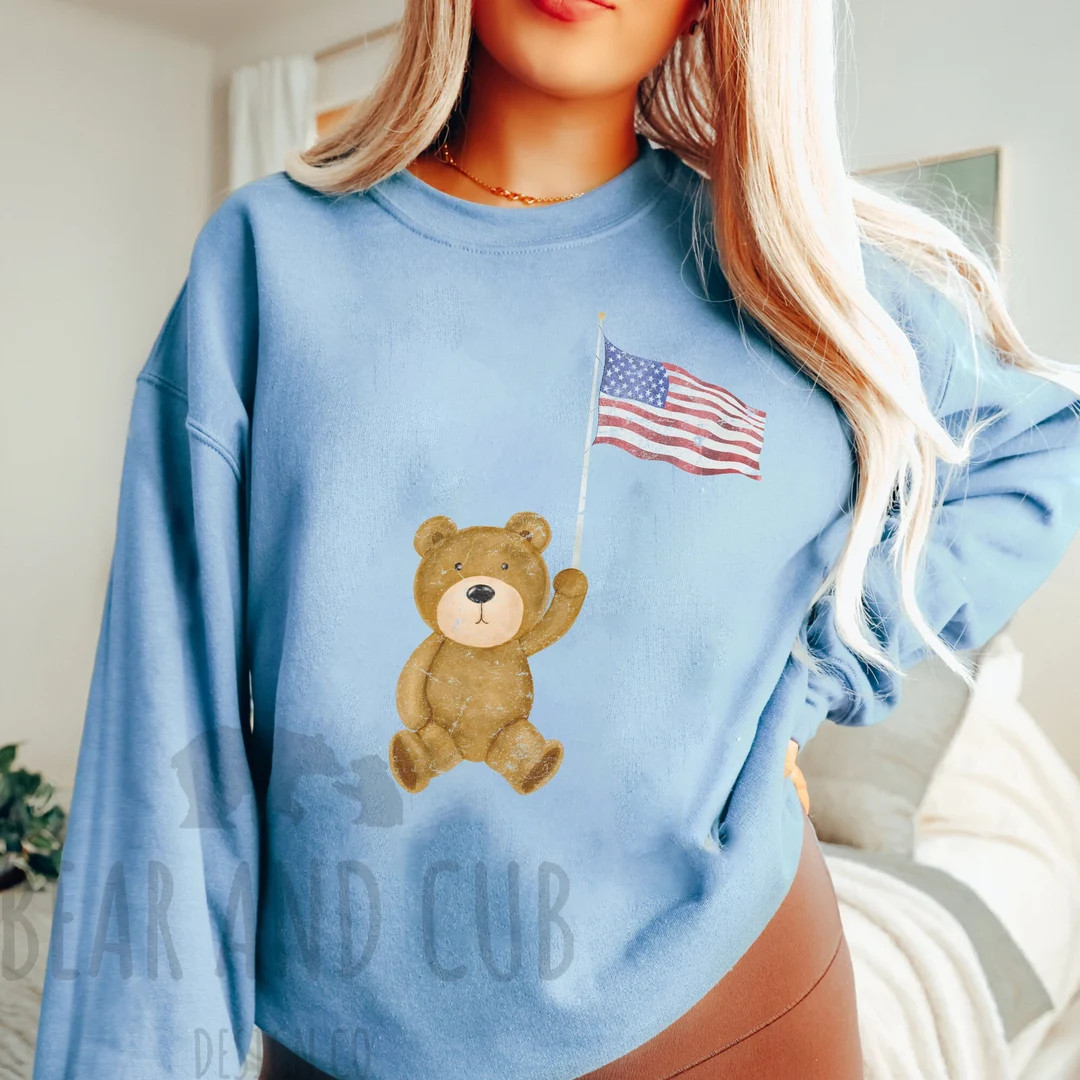Bear American Flag Sweatshirt, USA Flag Crewneck, Patriotic Sweatshirt, American Flag Shirt, Retr... | Etsy (US)