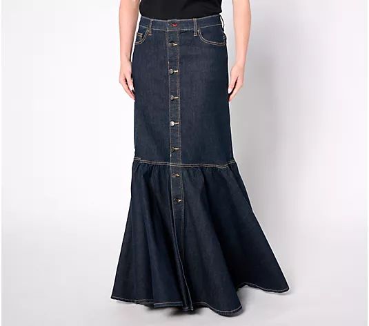 Peace Love World Boheme Petite Denim Button Maxi Skirt - Denim - QVC.com | QVC