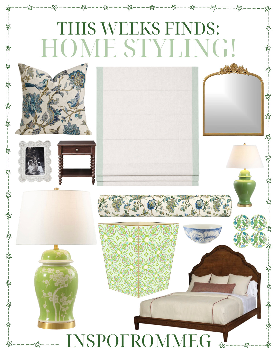 home decor finds, weekly home finds, home styling inspo, bedroom decor, dorm decor, preppy home decor, coastal grandma style, clean girl aesthetic, southern style home, chic bedroom decor, feminine home decor, light and airy home, blue and green decor, chinoiserie decor, grandmillennial style, traditional home decor, classic bedroom style, layered bedding, neutral bedding, throw pillows, patterned pillows, floral pillows, bolster pillow, monogram pillow, bedside styling, nightstand decor, table lamp decor, green lamp, blue lamp, statement mirror, wall mirror decor, framed art, gallery wall, roman shades, window treatments, wood nightstand, decorative tray, ceramic bowl decor, picture frame styling, coasters aesthetic, wastebasket decor, upholstered bed, wood bed frame, bedroom furniture, target home, amazon finds, ballard designs, wayfair home, pottery barn style, affordable home decor, LTK home 

 

#LTKOver40 #LTKHome #LTKSaleAlert