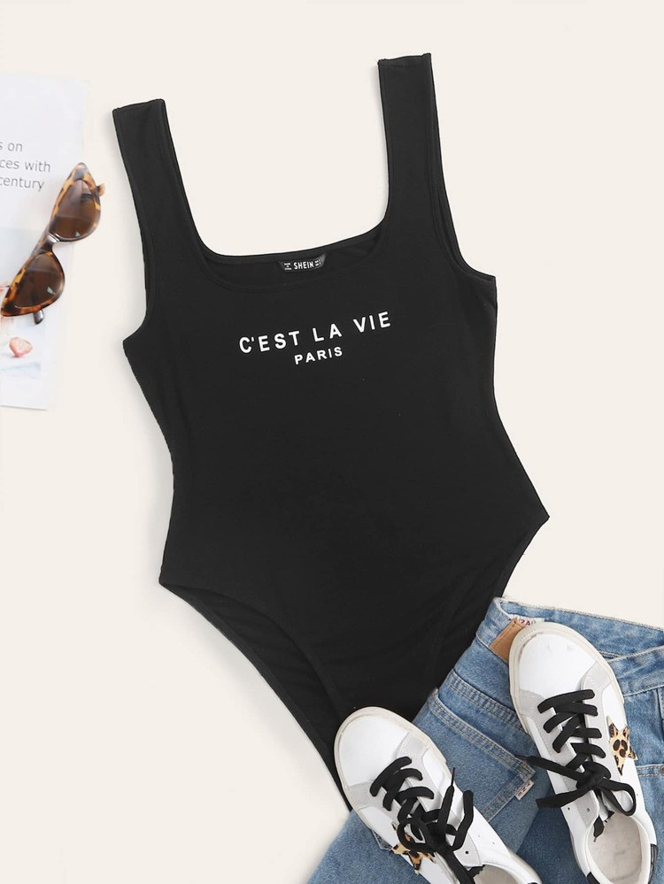 SHEIN Slogan Graphic Tank Bodysuit | SHEIN