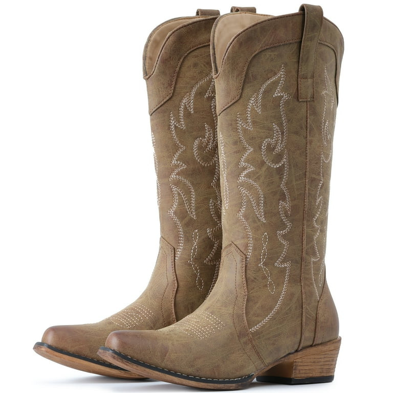 Cowboy Boots for Women Mid Calf Fashion Cowgirl Boots with Embroidery Western Snip Toe | Walmart (US)