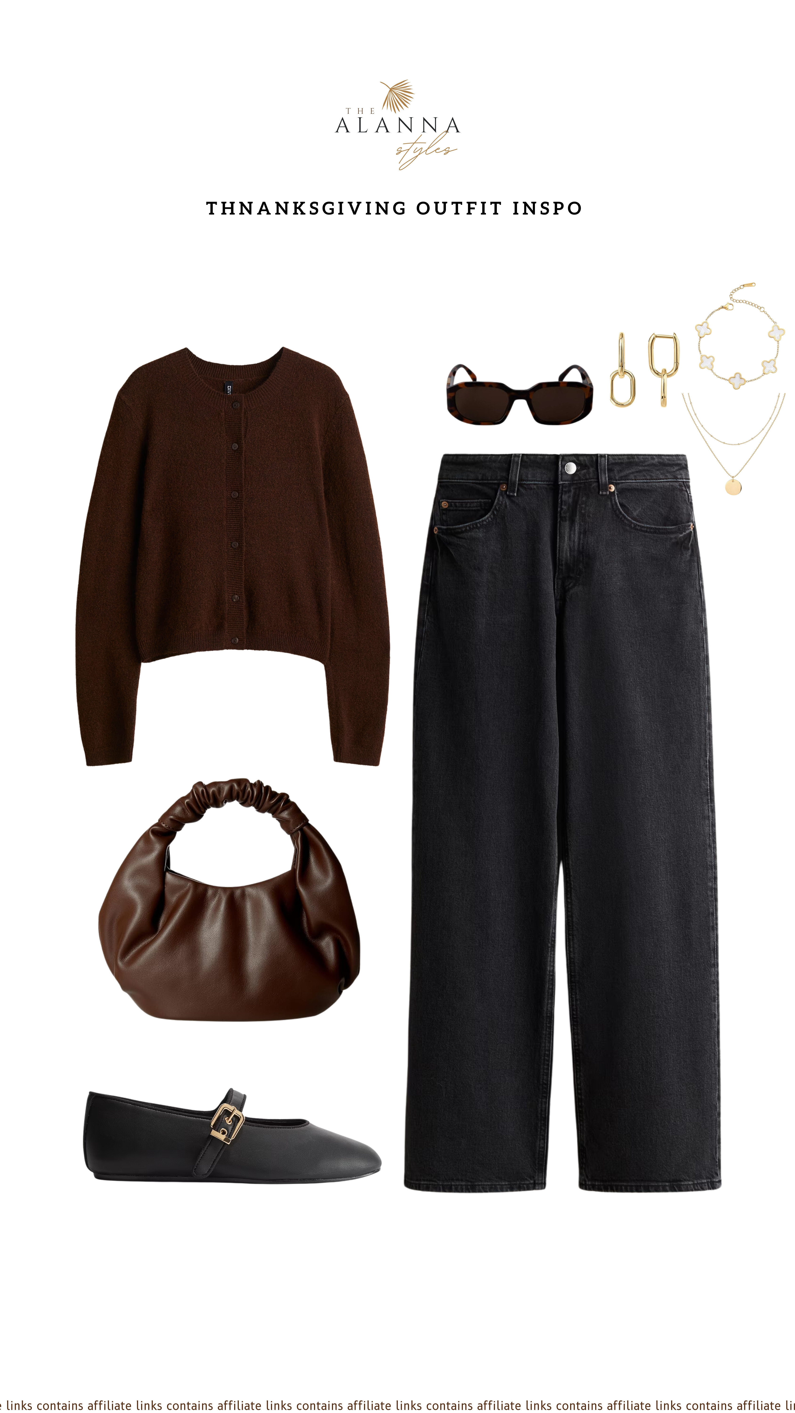 Thanksgiving outfit inspo. Brown knit sweater, washed black jeans, Mary Jane  flats, brown handbag, sunglasses, and a set of dainty jewelry.
 

 #LTKCyberWeek #LTKSeasonal #LTKStyleTip