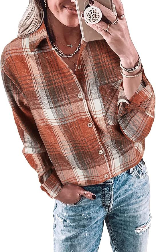 Wenrine Womens Long Sleeve Button Down Shirt Casual Plaid Flannel Shirt Collared Blouse Tops | Amazon (US)