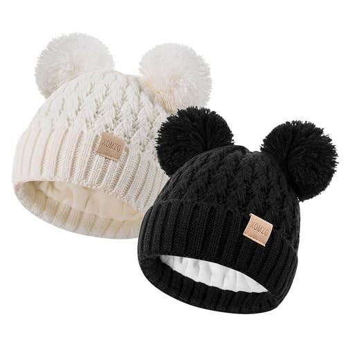 XOMZG Toddler Winter Beanie Hat, Infant Winter Warm Knit Fleece Lined Cap for Girls Boys with Pom Pom for 0-36 Months 2 Packs | Amazon (US)