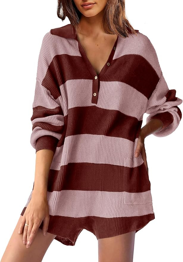 Panadila Womens Striped Sweater Romper Oversized Button Down Long Sleeve Romper Knit Jumpsuit Out... | Amazon (US)