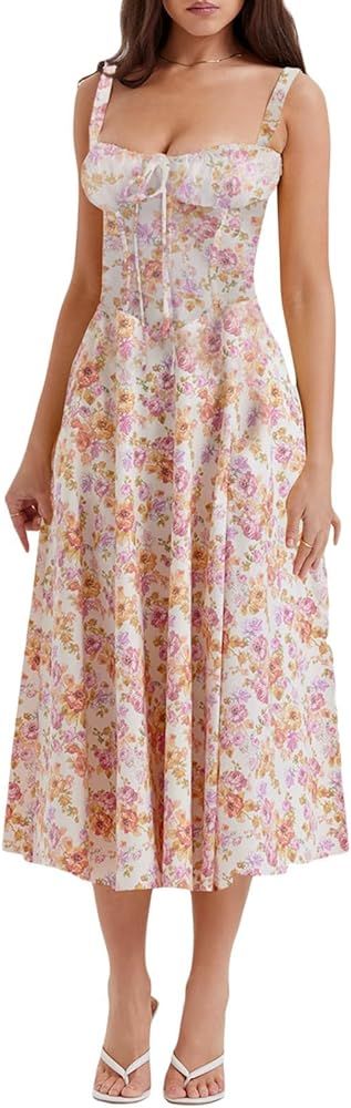 Women Floral Corset Summer Dress Square Neck Sleeveless Slit Hem Backless Dress Lace Up Flowy Sun... | Amazon (US)